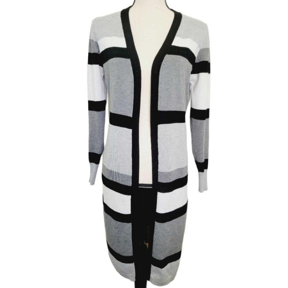 Women's Striped Long Open Cardigan - Black White Gray Size Small Sweater